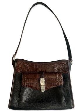 Brighton Collection Buckle Shoulder Bag Black and Tan with Croc Embossed Accents